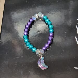 Vibrant Purple and Teal Beaded Bracelet with Moon Charm